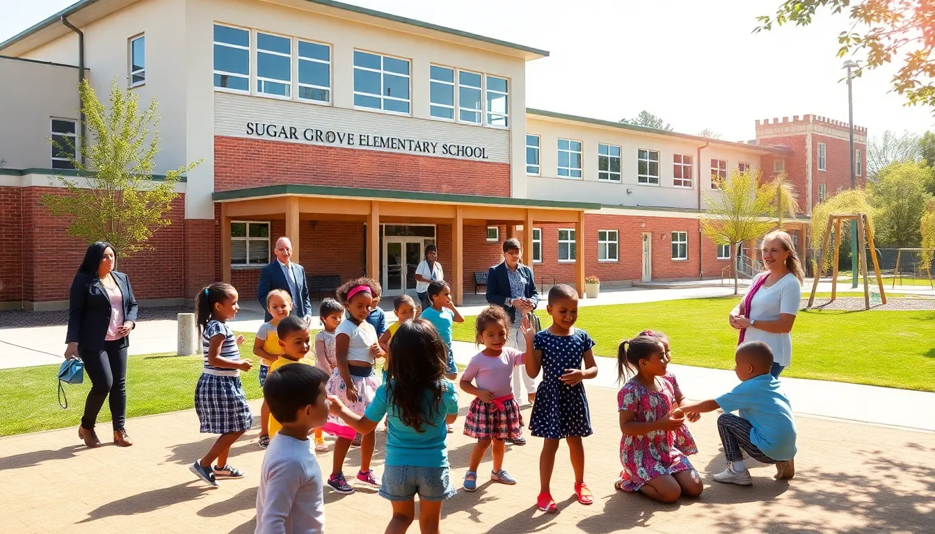 children playing at Sugar Grove Elementary School with engaged parents and educators.