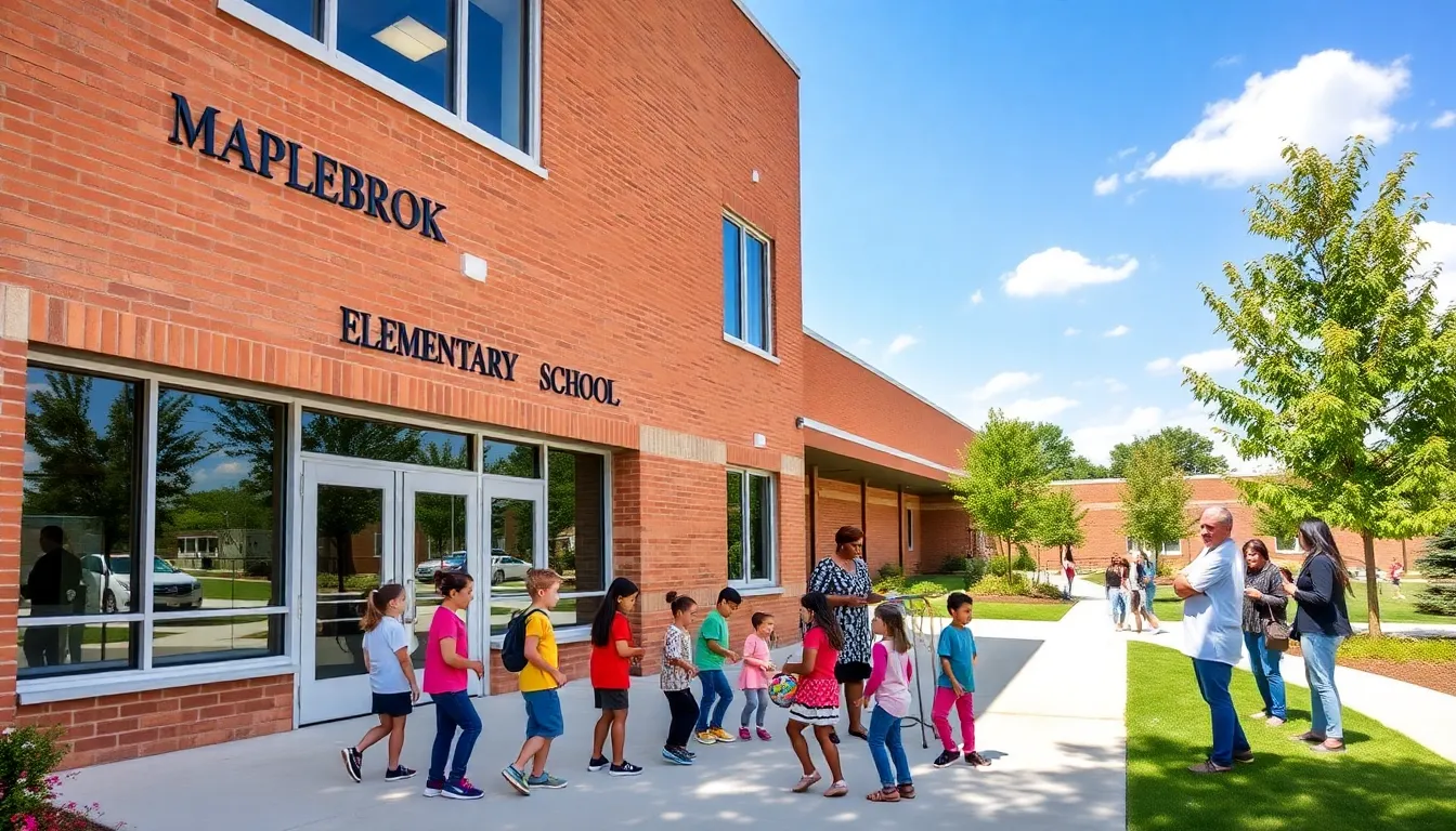 Maplebrook Elementary School with students playing and teachers engaging with parents.