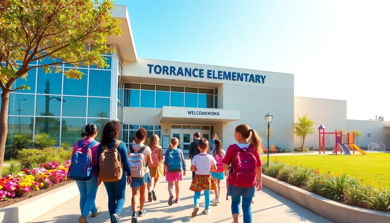 students interacting outside Torrance Elementary School in California.