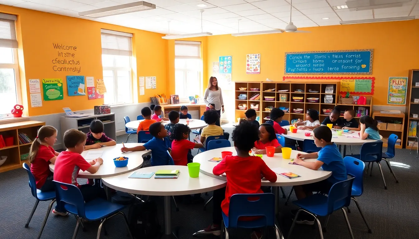 students collaborating in a bright, modern classroom at Hunters Glen Elementary.
